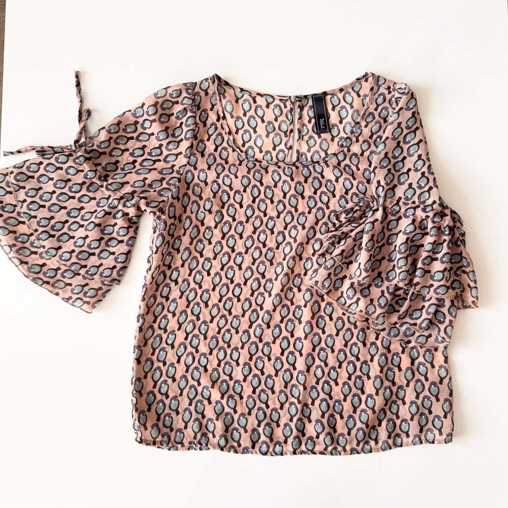 Wish blush with blue and brown print. Ruffled Bell Sleeve Blouse